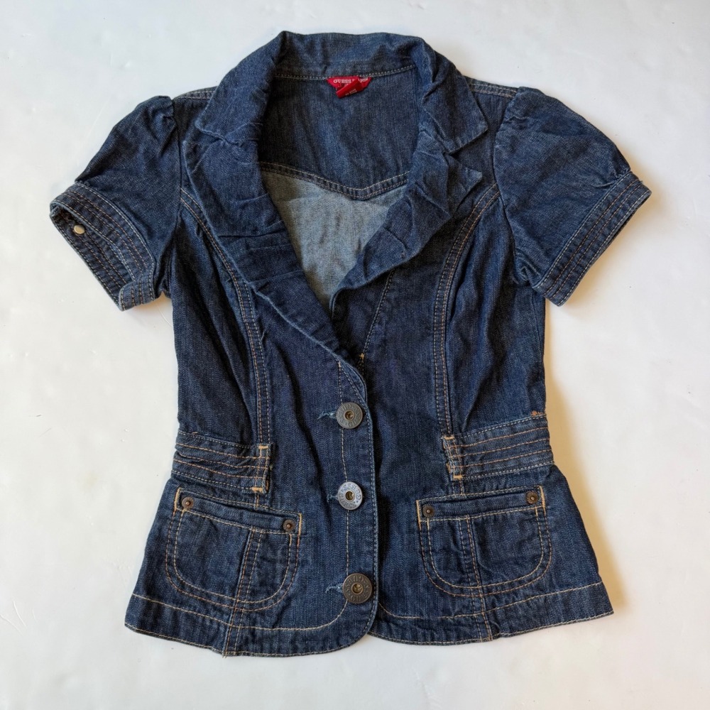 Guess Y2K Denim Button Up Puff Sleeve Cinched Waist Top Dark Wash Small Babydoll